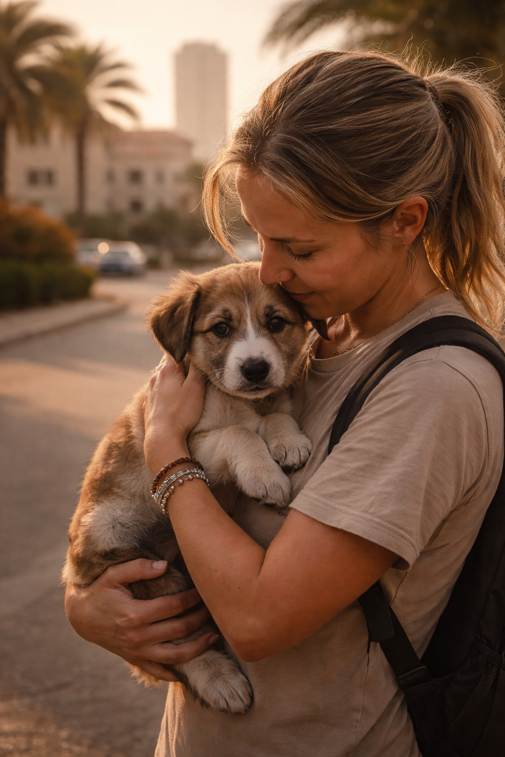Woman lovingly holding a rescued puppy in the UAE